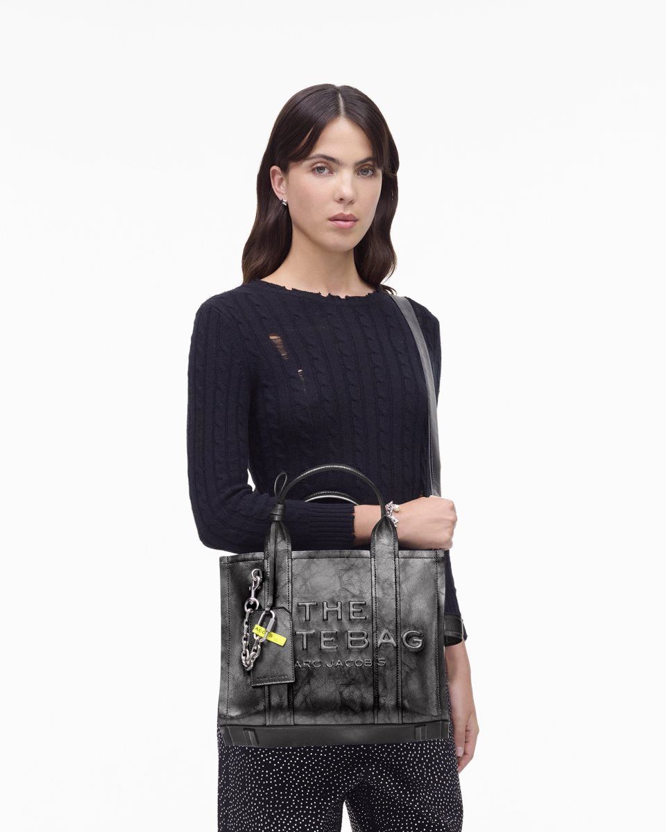 Marc Jacobs The Metallic Distressed Medium Tote Bag Dark Grey | 56UPEMGXB