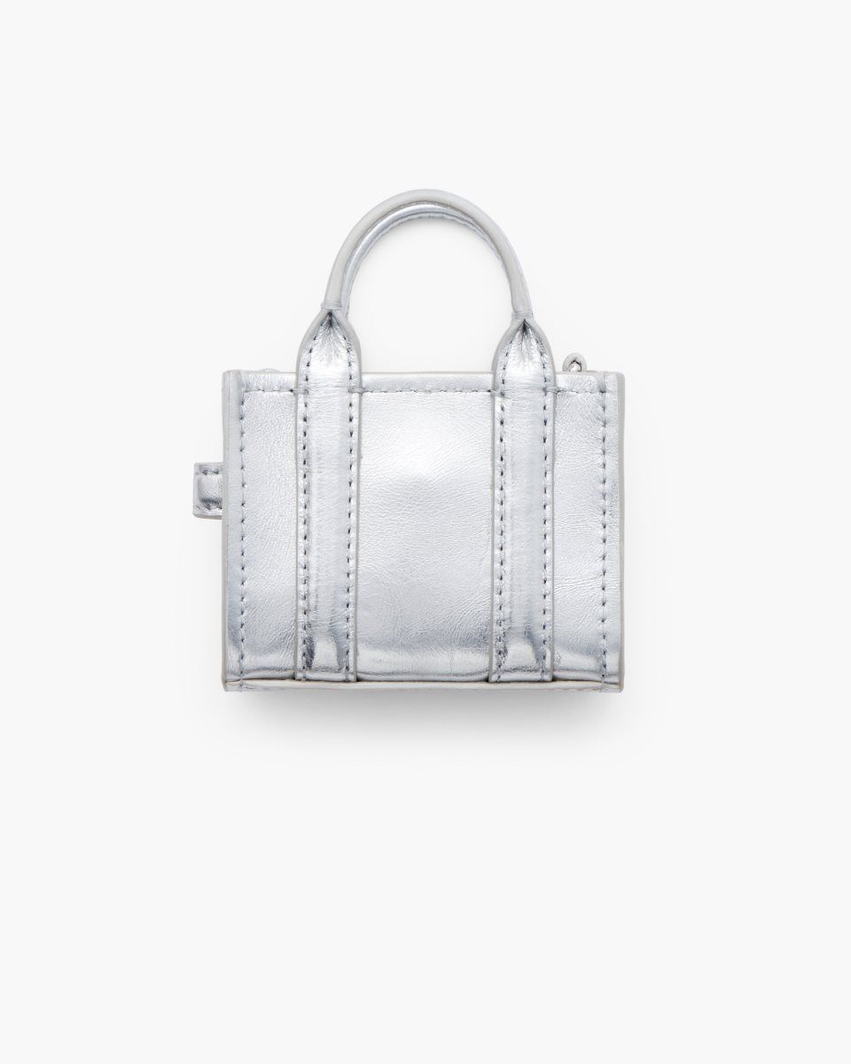 Marc Jacobs The Metallic Leather Nano Tote Charm Silver | 43MXPDKNO