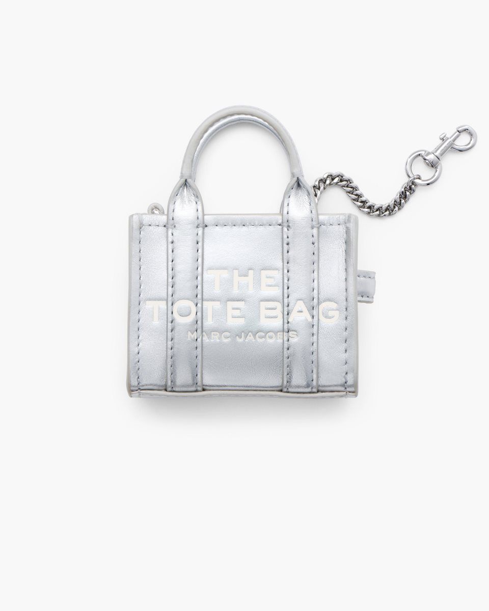 Marc Jacobs The Metallic Leather Nano Tote Charm Silver | 43MXPDKNO