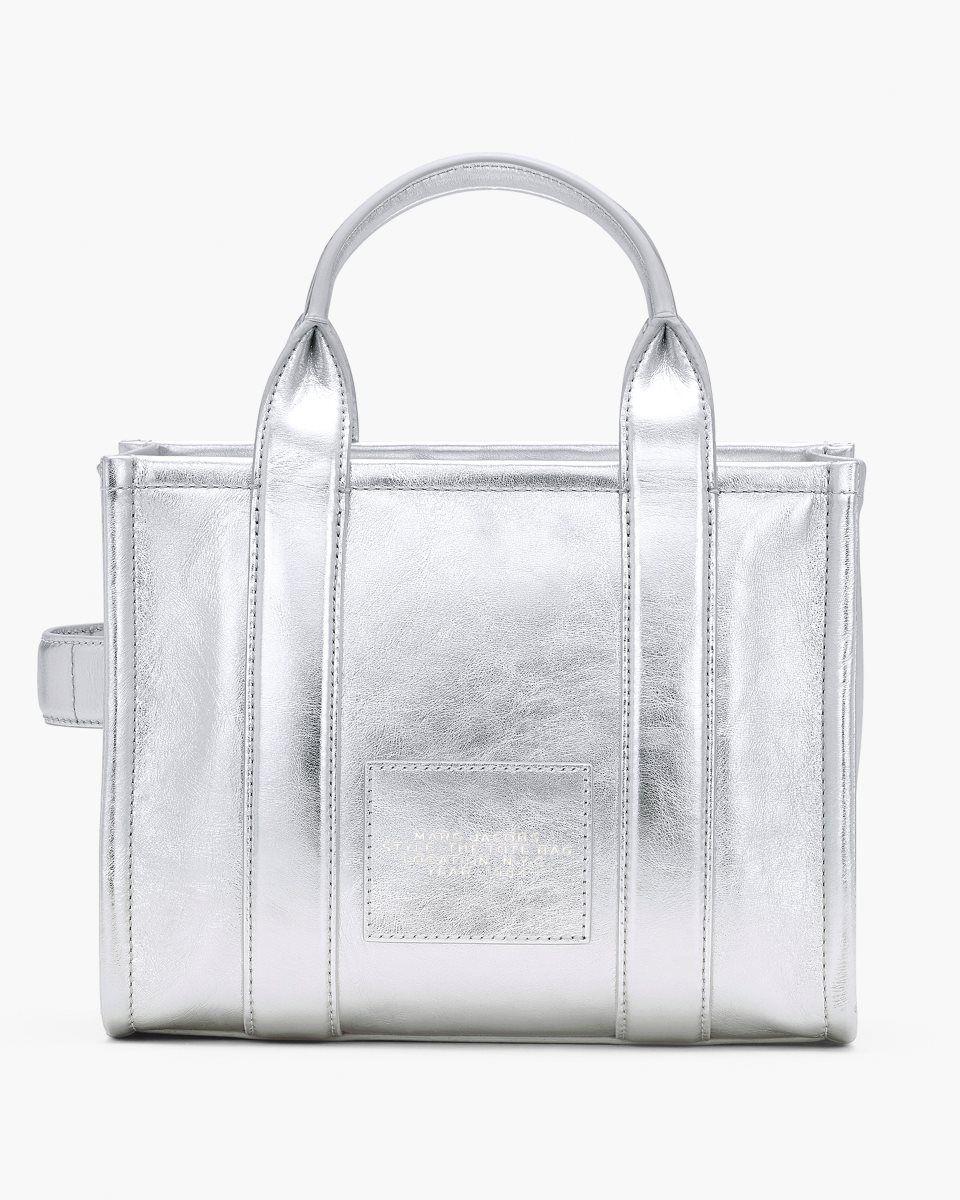 Marc Jacobs The Metallic Leather Small Tote Bag Metal Silver | 14HTGPIZX