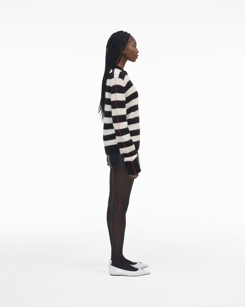 Marc Jacobs The Striped Brushed Logo Sweater Black / White | 52WHZRCJL