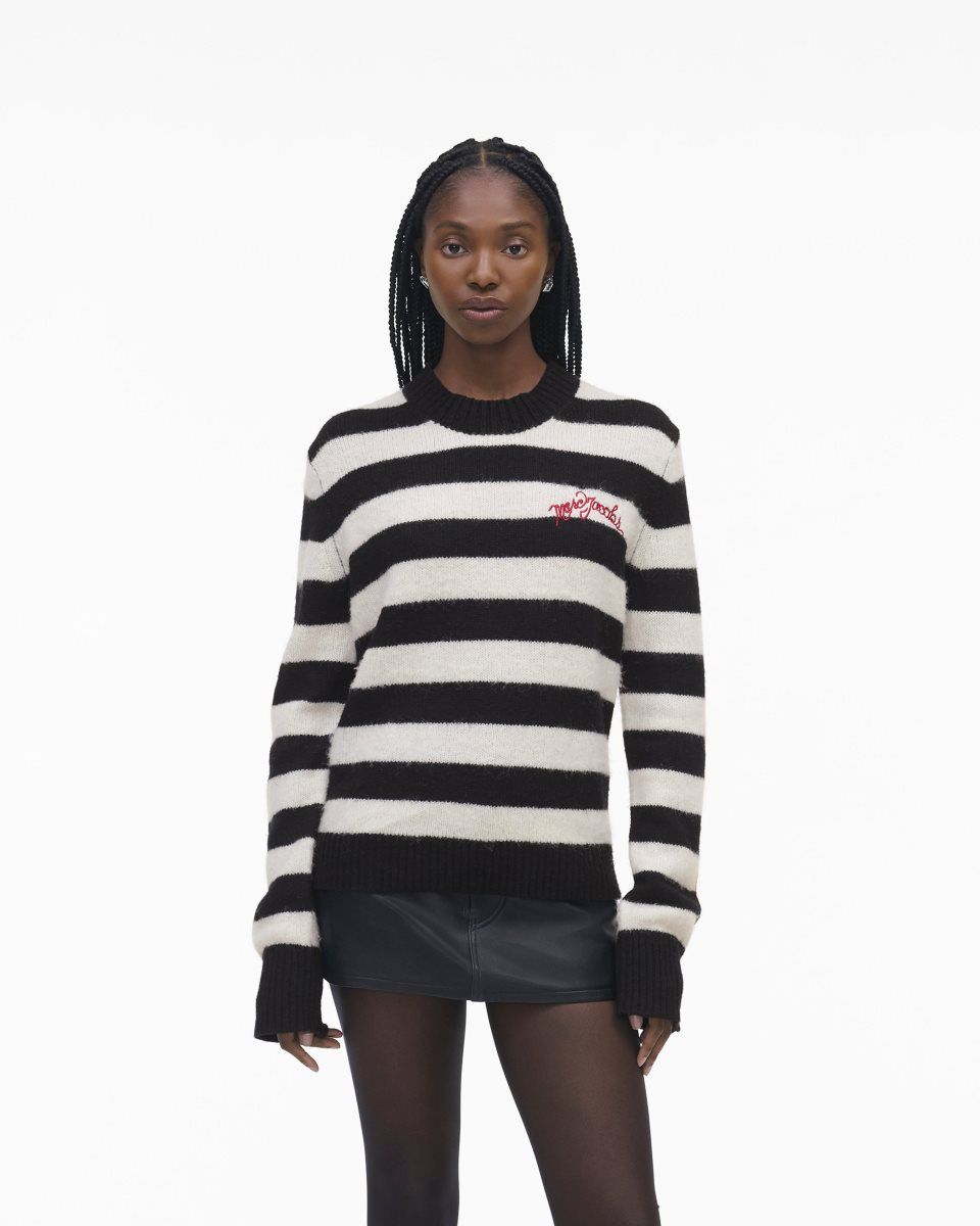 Marc Jacobs The Striped Brushed Logo Sweater Black / White | 52WHZRCJL